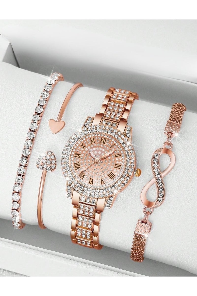 Women's accessory set consisting of 4 pieces, includes a watch and 3 rose gold bracelets. The set is adorned with sparkling rhinestones, making it a perfect gift for graduations, birthdays, Valentine's Day, engagements, and all special occasions  - Image 2