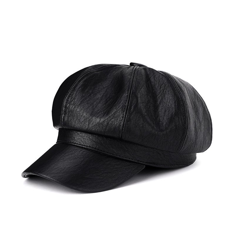 Black PU Leather Octagonal Beret Hat for Women Winter - Image 5