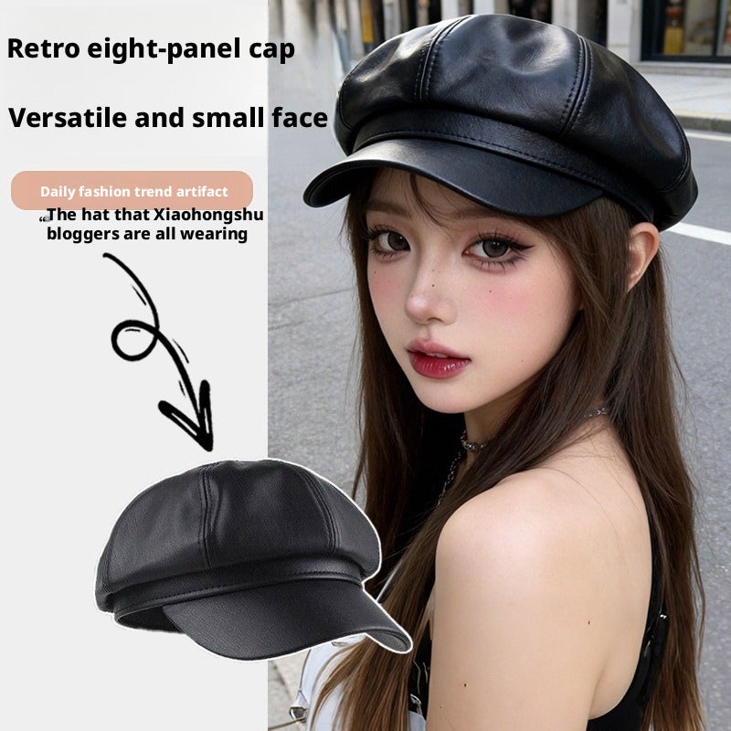 Black PU Leather Octagonal Beret Hat for Women Winter - Image 1
