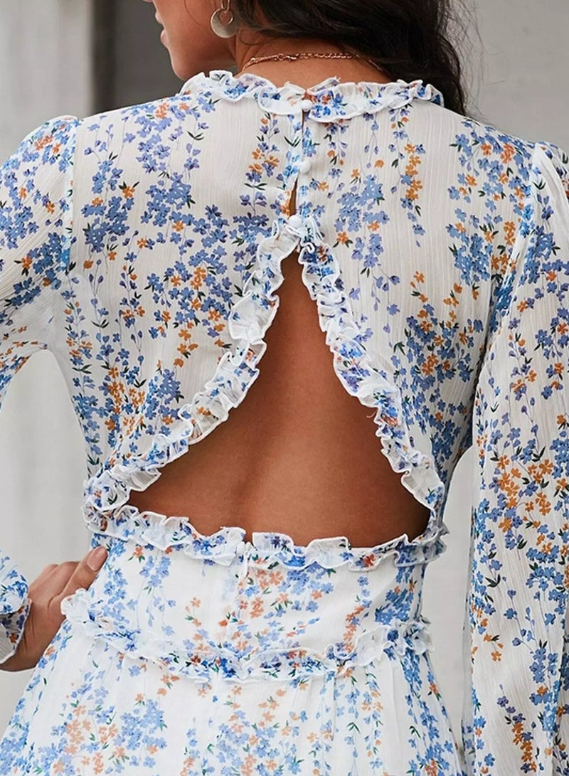 Ditsy Floral Frill Trim Open Back Dress  - Image 4