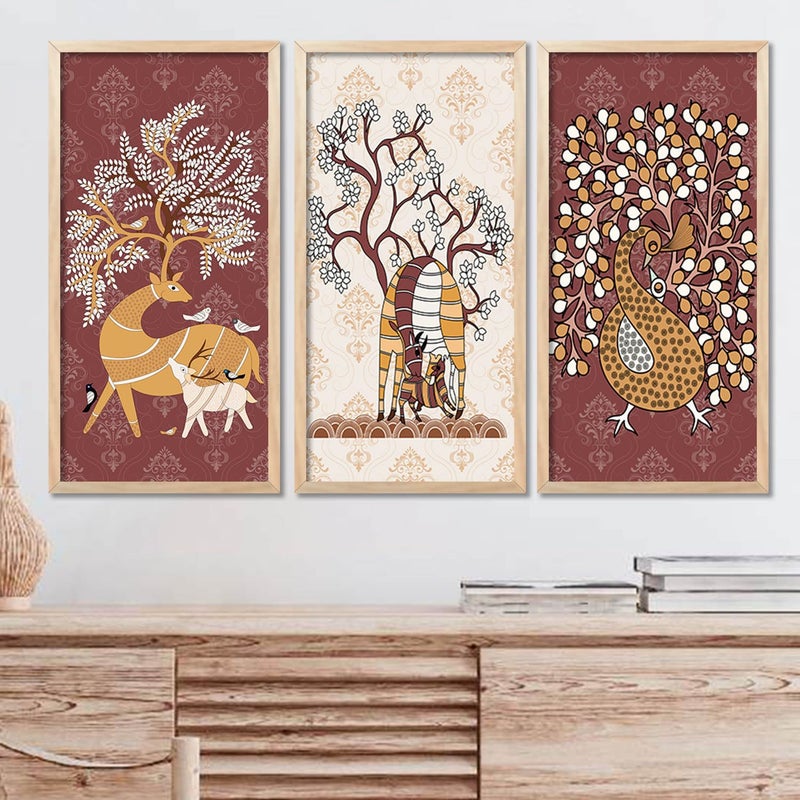 walllane Gond Wall Art Painting for wall Decoration Frames Traditional Indian Art Pichwai Wall Dcor Paintings Traditional Indian Art Pichwai Wall Dcor Paintings Set of 3 10X19 INCH F - Image 1