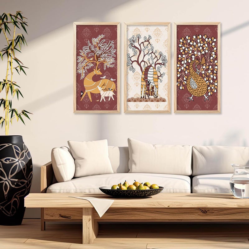 walllane Gond Wall Art Painting for wall Decoration Frames Traditional Indian Art Pichwai Wall Dcor Paintings Traditional Indian Art Pichwai Wall Dcor Paintings Set of 3 10X19 INCH F - Image 3