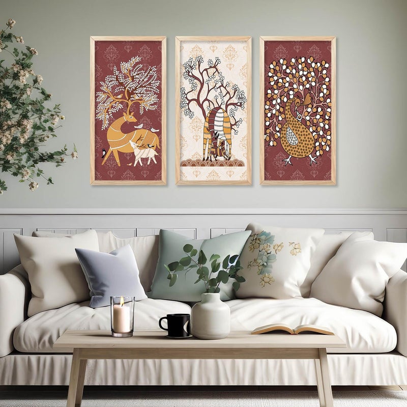 walllane Gond Wall Art Painting for wall Decoration Frames Traditional Indian Art Pichwai Wall Dcor Paintings Traditional Indian Art Pichwai Wall Dcor Paintings Set of 3 10X19 INCH F - Image 4