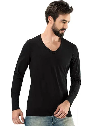 Linotti Men's V Neck Long Sleeve Tshirt Black 1166