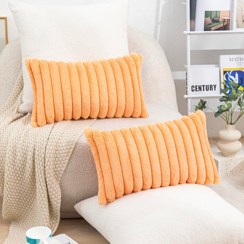 Uhomy 2 Pack Halloween Faux Fur Plush Decorative Throw Pillow Covers Fuzzy Striped Soft Pillowcase Cushion Covers for Living Room Sofa Couch  Orange 12x20 inch 30x50 cm - Image 2
