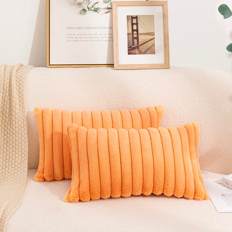 Uhomy 2 Pack Halloween Faux Fur Plush Decorative Throw Pillow Covers Fuzzy Striped Soft Pillowcase Cushion Covers for Living Room Sofa Couch  Orange 12x20 inch 30x50 cm - Image 1