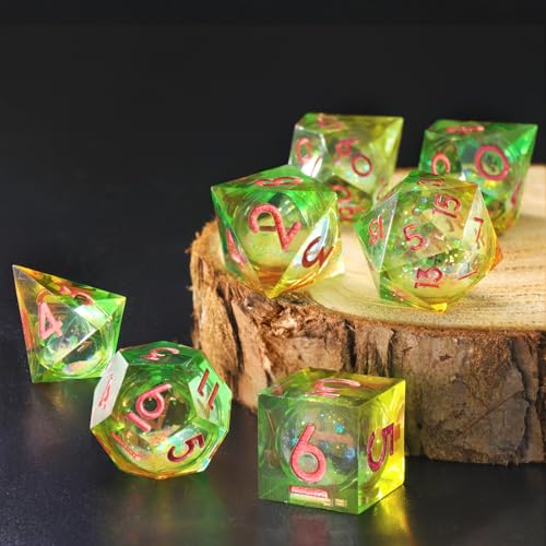 FONVGOGO Liquid Core DND Dice Set for Dungeons and Dragons 7 Piece Sharp Edge Resin DND Dice with Cardborad Box Role Playing Polyhedral D and D RPG Dice D20 D12 D10 D8 D6 D4Liquid Yellow and Green - Image 5