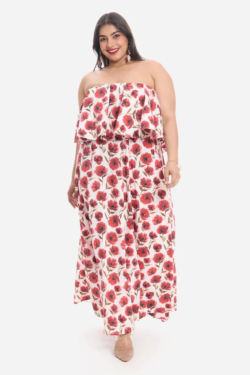 فيرجيو Floral Cotton Peplum Bodice Maxi Plus Size Dress for Women