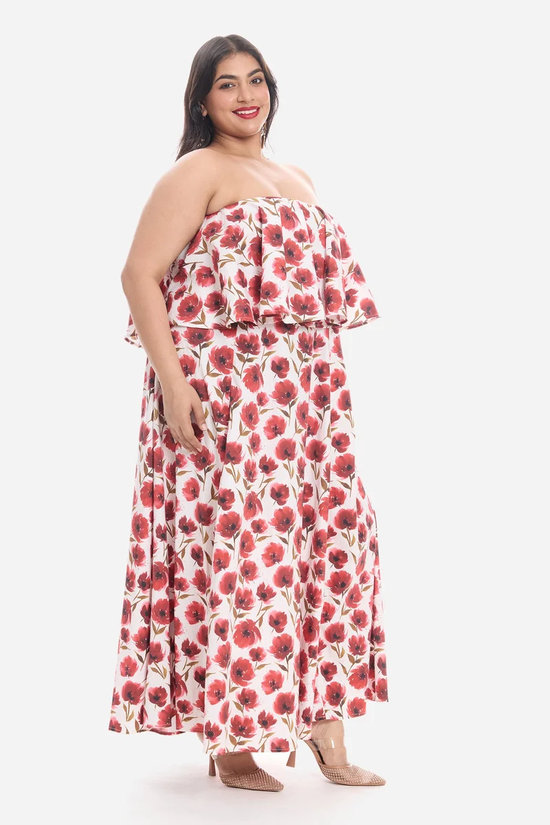 Virgio Red Floral Cotton Peplum Bodice Maxi Plus Size Dress for Women for Women | Best Price UAE
