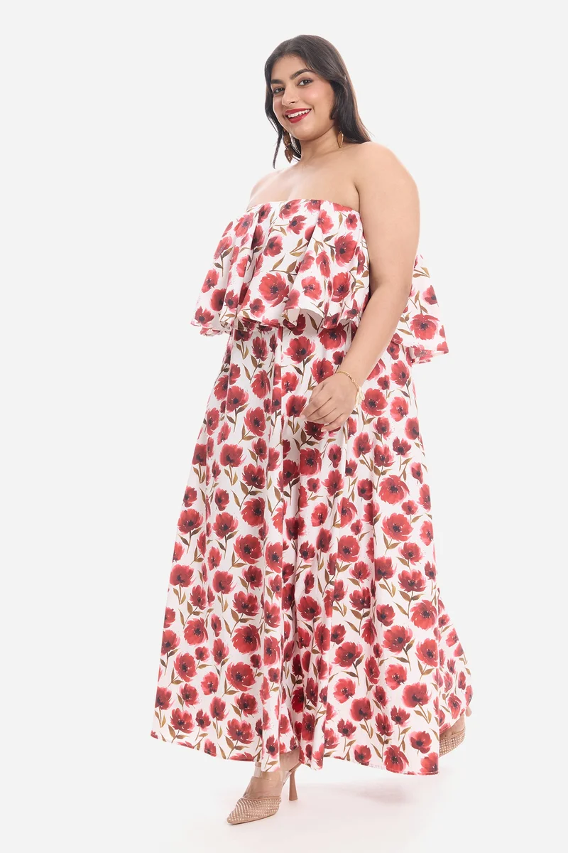 Virgio Red Floral Cotton Peplum Bodice Maxi Plus Size Dress for Women for Women | Best Price UAE