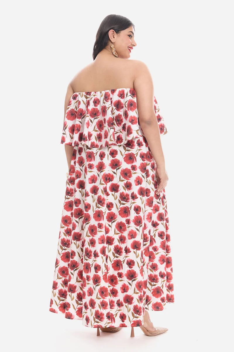 Virgio Red Floral Cotton Peplum Bodice Maxi Plus Size Dress for Women for Women | Best Price UAE