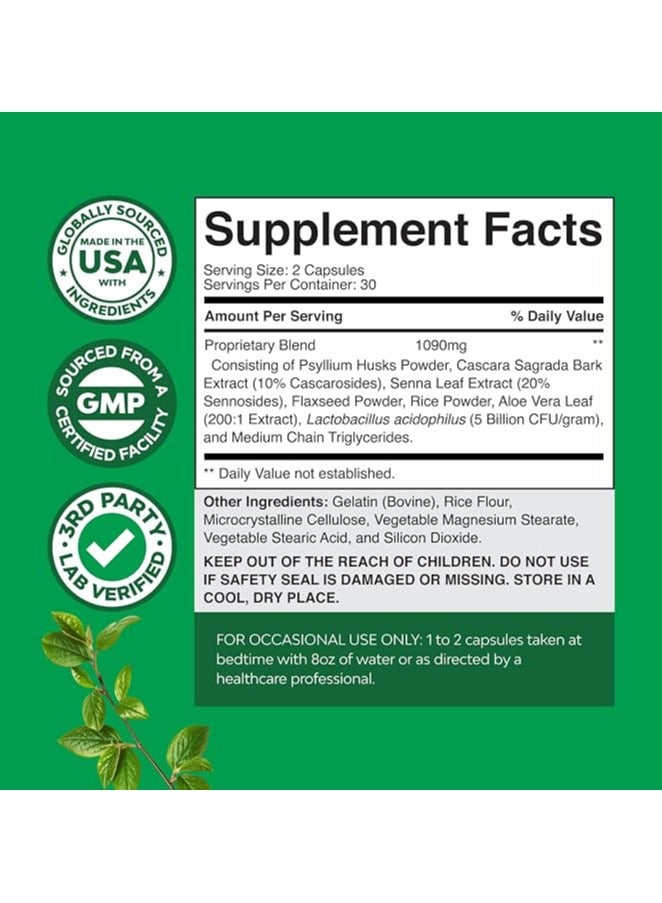 Natures Craft Herbal Laxative Capsules with Probiotics – Natural Colon Detox Digestive Support System Clean – Psyllium Husk Powder Senna Leaf Cascara Sagrada – Triple Herb Cleanse Pills - 30 Servings - Image 2