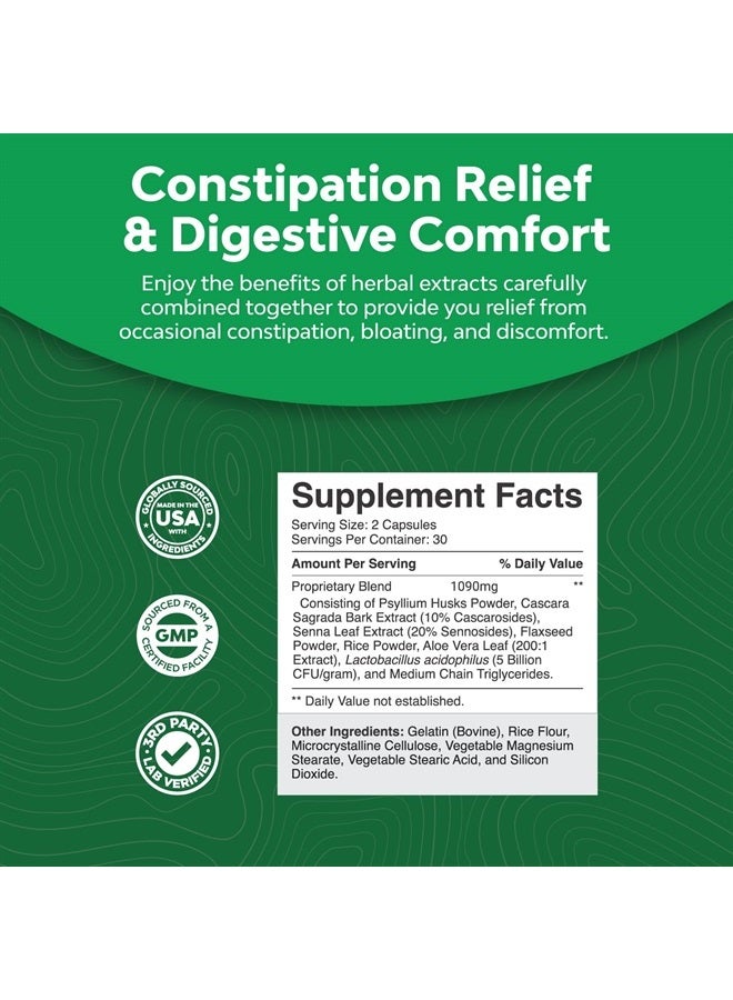 Natures Craft Herbal Laxative Capsules with Probiotics – Natural Colon Detox Digestive Support System Clean – Psyllium Husk Powder Senna Leaf Cascara Sagrada – Triple Herb Cleanse Pills - 30 Servings - Image 4
