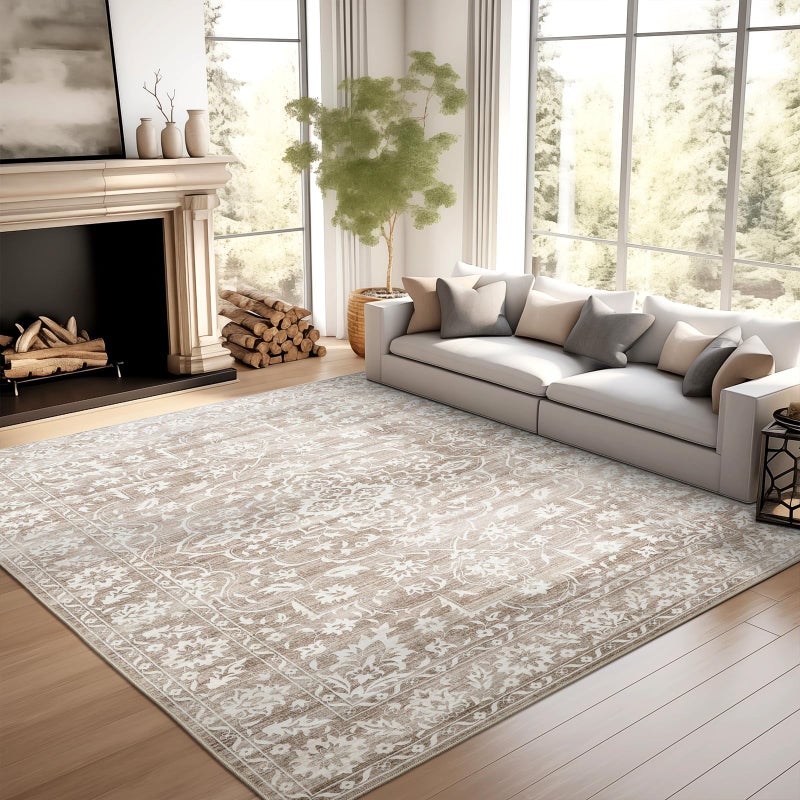 Soalmost 5x7 Area Rugs for Living Room, Washable Vintage Floral Non-Slip Low Pile Natural Rug Soft Throw Carpet for Dining Room Bedroom Home Office Nursery (Light Brown, 5'x7') - Image 2