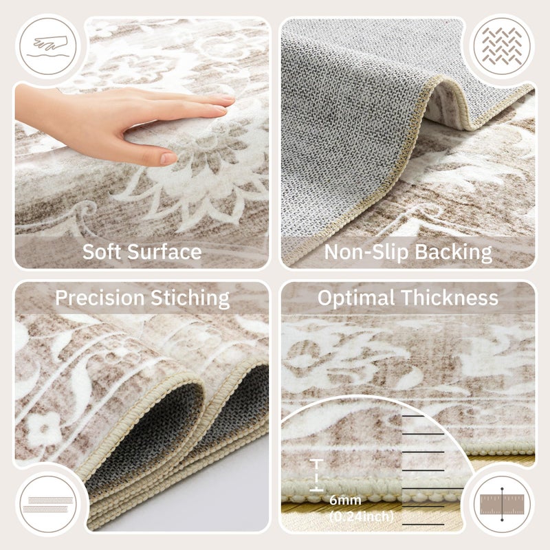 Soalmost 5x7 Area Rugs for Living Room, Washable Vintage Floral Non-Slip Low Pile Natural Rug Soft Throw Carpet for Dining Room Bedroom Home Office Nursery (Light Brown, 5'x7') - Image 5