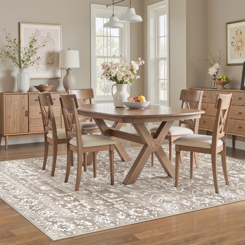 Soalmost 5x7 Area Rugs for Living Room, Washable Vintage Floral Non-Slip Low Pile Natural Rug Soft Throw Carpet for Dining Room Bedroom Home Office Nursery (Light Brown, 5'x7') - Image 3