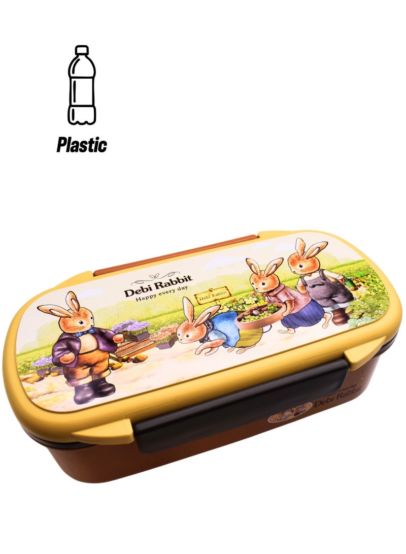 Twisoo Rectangular Kids Lunch Box Rabbit Bento Lunch Box 900ml - Food Grade PP, BPA-Free, 2-Compartment Leakproof & Spillproof Design with Clip Lock and Spoon (Brown) - Image 1