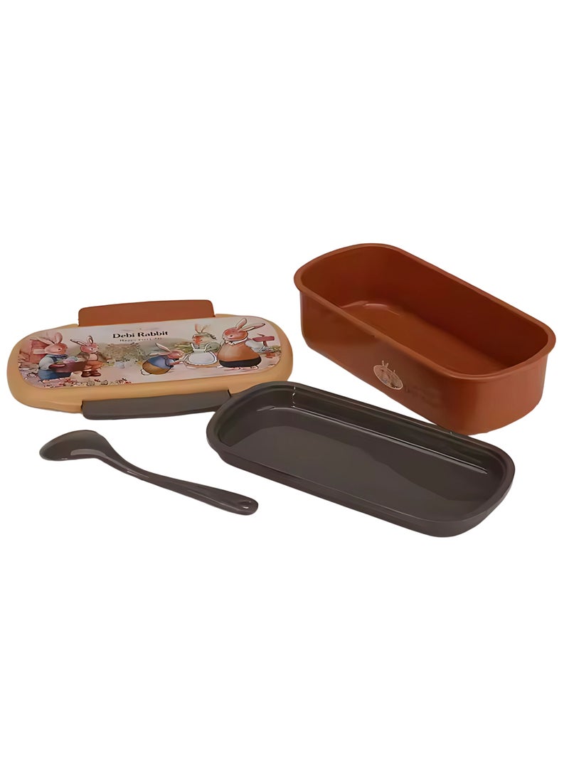 Twisoo Rectangular Kids Lunch Box Rabbit Bento Lunch Box 900ml - Food Grade PP, BPA-Free, 2-Compartment Leakproof & Spillproof Design with Clip Lock and Spoon (Brown) - Image 2