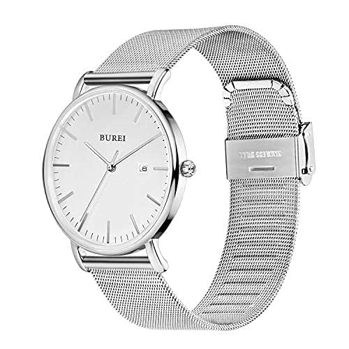 BUREI Men's Watch Ultra Thin Analog Quartz Wrist Watch Date Calendar Stainless Steel Mesh Band (All Silver with White Face) - Image 3