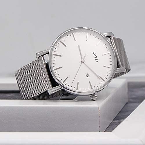 BUREI Men's Watch Ultra Thin Analog Quartz Wrist Watch Date Calendar Stainless Steel Mesh Band (All Silver with White Face) - Image 4