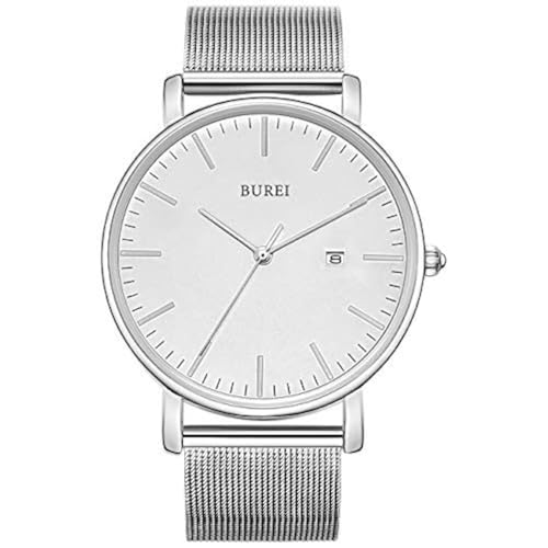 BUREI Men's Watch Ultra Thin Analog Quartz Wrist Watch Date Calendar Stainless Steel Mesh Band (All Silver with White Face) - Image 1
