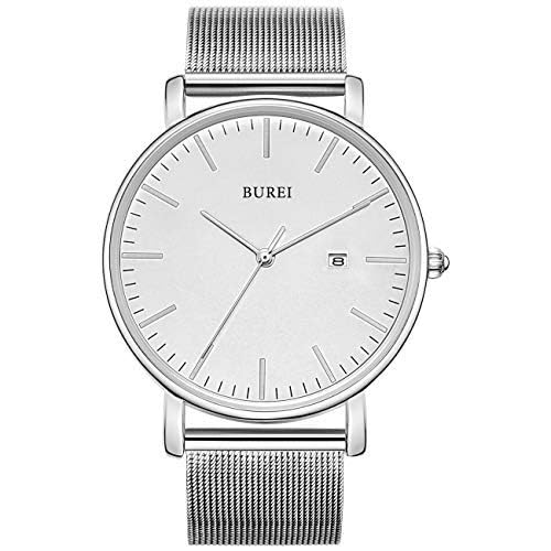 BUREI Men's Watch Ultra Thin Analog Quartz Wrist Watch Date Calendar Stainless Steel Mesh Band (All Silver with White Face) - Image 2
