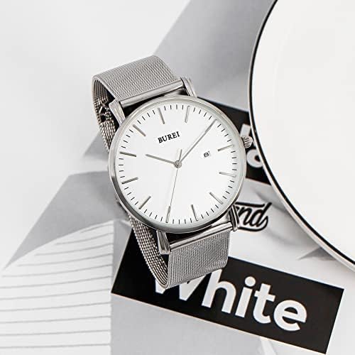 BUREI Men's Watch Ultra Thin Analog Quartz Wrist Watch Date Calendar Stainless Steel Mesh Band (All Silver with White Face) - Image 5