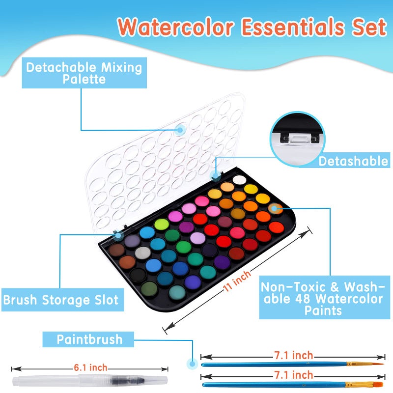 Blablaovy Watercolor Paint, 48 Colors Washable Watercolor Paint Set with a Brush a Refillable Water Brush Pen and Palette, Non-toxic Water Color Paints Sets for Kids Adults Artists Children Students Beginner - Image 2