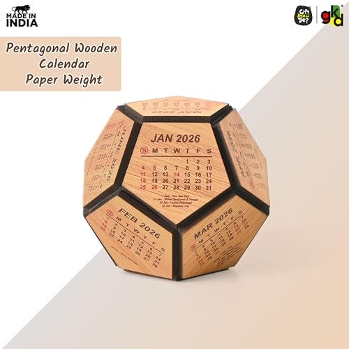 Gift Kya De GKD Pentagon Shape Wooden Paperweight with Mini 2026 Calendar – Paper Weight for Office Table Stylish PaperWeights, Decorative and Functional Office Accessories (Pentagon Calendar) - Image 2