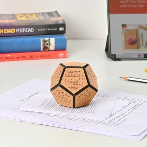 Gift Kya De GKD Pentagon Shape Wooden Paperweight with Mini 2026 Calendar – Paper Weight for Office Table Stylish PaperWeights, Decorative and Functional Office Accessories (Pentagon Calendar) - Image 1