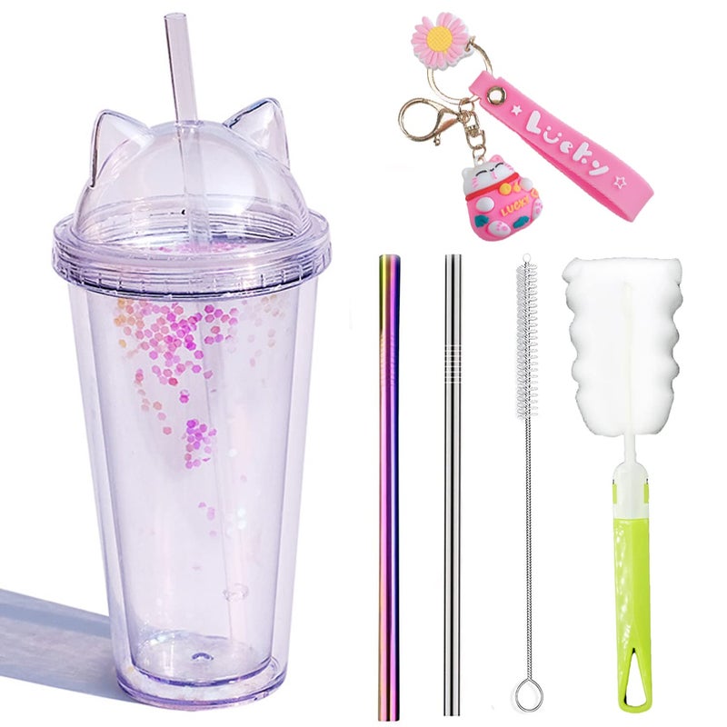 windyswag Kid Travel Tumbler with Straw Floral Party Reusable Plastic Cup Drinking Ice Coffee Mug Birthday Gift cat white 420 ml