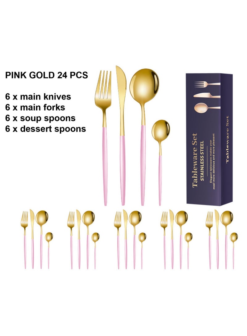 Premium 24-Piece Stainless Steel Cutlery Set in Multiple Colours Variations (Silver, Rose Gold, Gold, Pink/Gold, White/Gold Handles) with 6 X Main Knives/Main Forks/Soup Spoons/Dessert Spoons! Perfect for Gifting/Self-use!  - Image 1