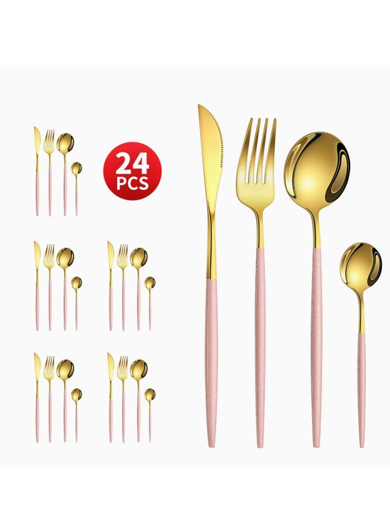 Premium 24-Piece Stainless Steel Cutlery Set in Multiple Colours Variations (Silver, Rose Gold, Gold, Pink/Gold, White/Gold Handles) with 6 X Main Knives/Main Forks/Soup Spoons/Dessert Spoons! Perfect for Gifting/Self-use!  - Image 3