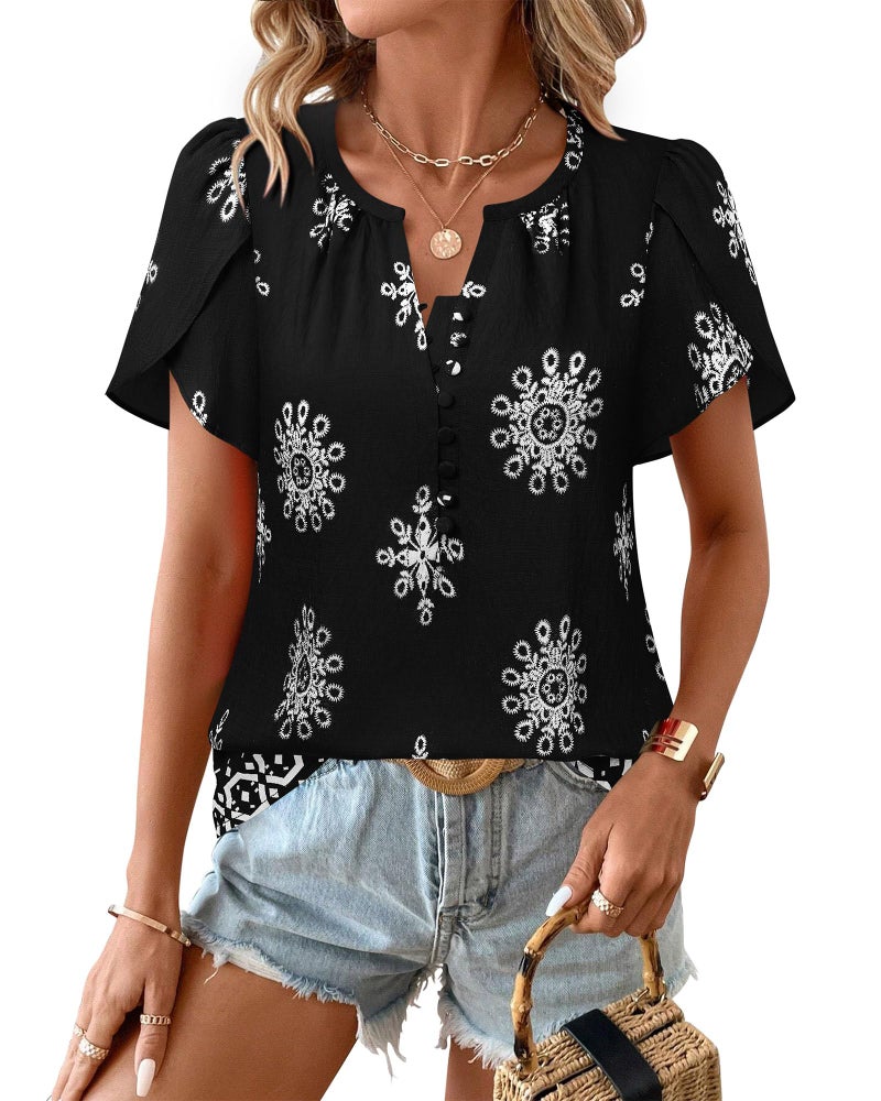 Timeson Summer Tops for Women: Peasant Bohemian â€“ Boho Blouses for Women â€“ Black Short Sleeve Shirts Ladies Tops Dressy Casual Trendy 2025 Loose Fitted Beach Vacation Clothing Flowy Spring Outfits L - Image 2