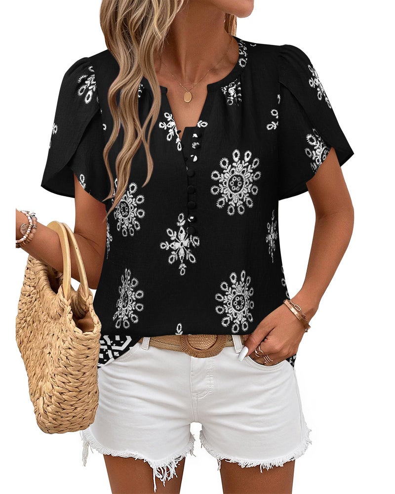 Timeson Summer Tops for Women: Peasant Bohemian â€“ Boho Blouses for Women â€“ Black Short Sleeve Shirts Ladies Tops Dressy Casual Trendy 2025 Loose Fitted Beach Vacation Clothing Flowy Spring Outfits L - Image 4