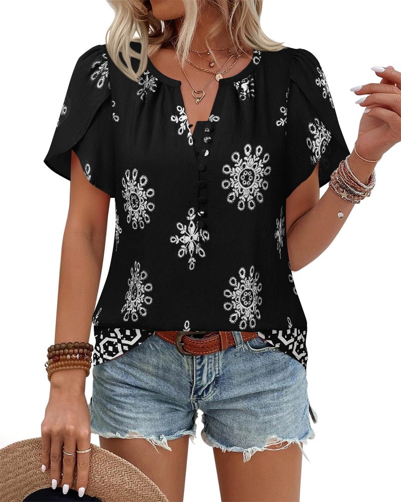 Timeson Summer Tops for Women: Peasant Bohemian â€“ Boho Blouses for Women â€“ Black Short Sleeve Shirts Ladies Tops Dressy Casual Trendy 2025 Loose Fitted Beach Vacation Clothing Flowy Spring Outfits L - Image 1