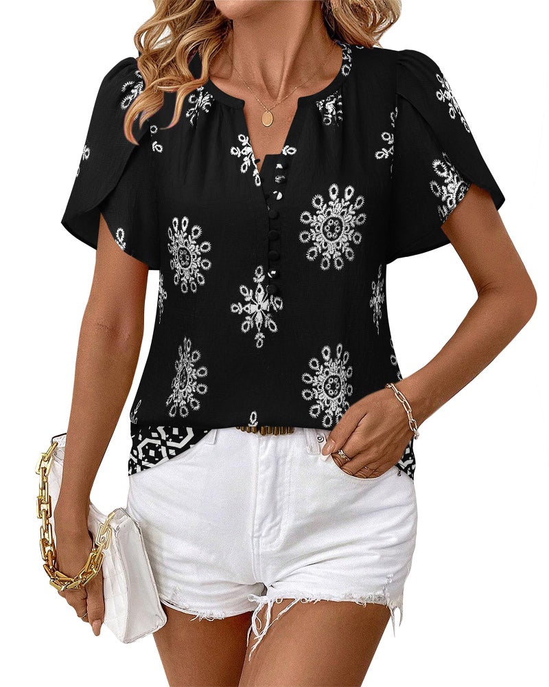Timeson Summer Tops for Women: Peasant Bohemian â€“ Boho Blouses for Women â€“ Black Short Sleeve Shirts Ladies Tops Dressy Casual Trendy 2025 Loose Fitted Beach Vacation Clothing Flowy Spring Outfits L - Image 5