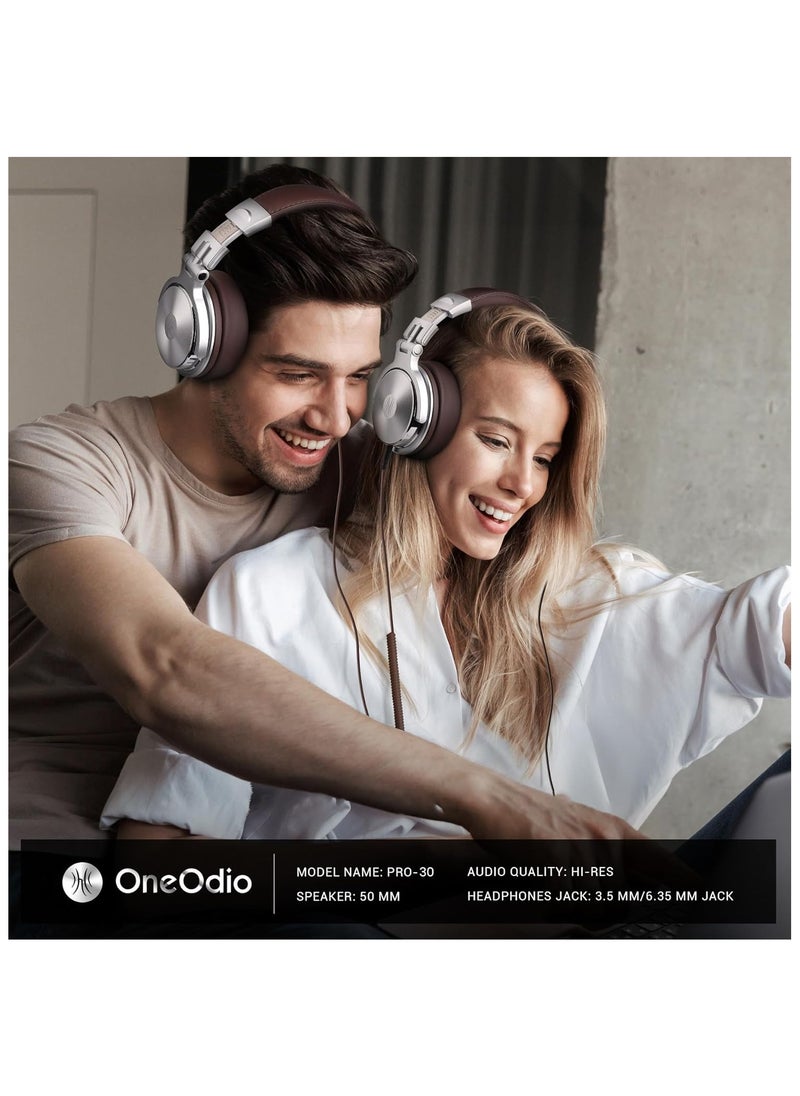 OneOdio OneOdio Studio Pro 30, Wired Premium Stereo Sound Headsets with 50mm Driver, Foldable Comfortable Headphones with Protein Earmuffs and Share port for Recording Monitoring Podcast PC (Silver Brown)  - Image 5