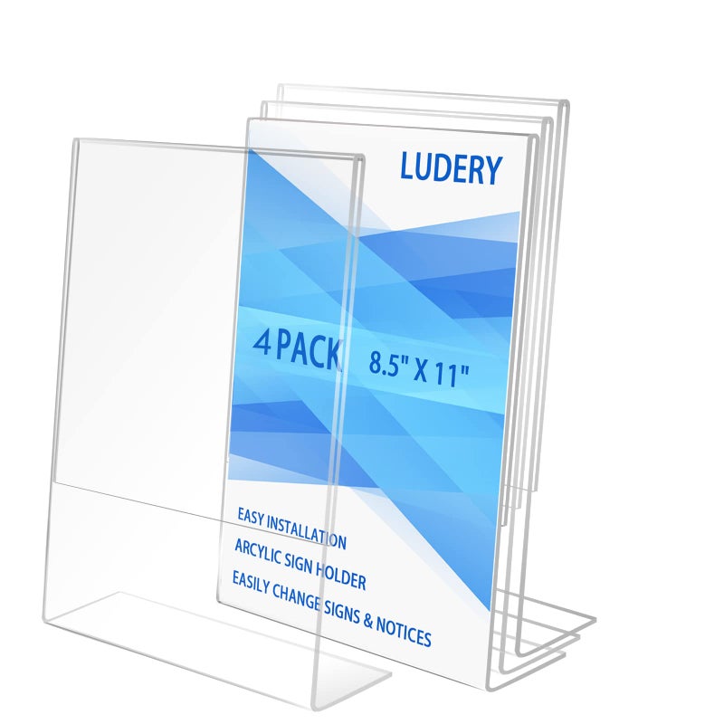 Ludery 85x11 Inches Acrylic Sign Slant Back Holder Plastic Display StandBrochure Holder Table Top Sign Holder For Office Home Store Restaurant 4pack