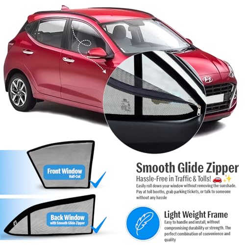 Autofact Magnetic Car Sunshades Compatible with Hyundai Grand I10 Old (2013 to 2019) (Set of 4) – Easy Installation, UV Protection (Front 2 Half-Cut for Side Mirror Visibility, Rear 2 with Zippers) - Image 4