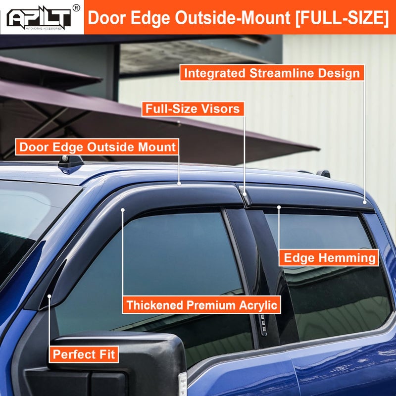 APILT Outside-Mount Rain Guards Window Visors for 2015-2026 Ford F-150 SuperCrew & 2017-2026 Raptor/F-250/F-350/F-450/F-550 Super Duty SuperCrew Wind Deflector Dark Smoke 4-Piece Set with Thicker - Image 4