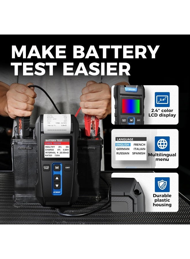 Topdon Car Battery Tester 12V 24V 100-2000CCA Lead-Acid Battery, TOPDON BT300P Alternator Tester, Load Tester, with Built-in Printer, Spark Free Metal Clamps, Automatic Reverse Polarity Protection - Image 4