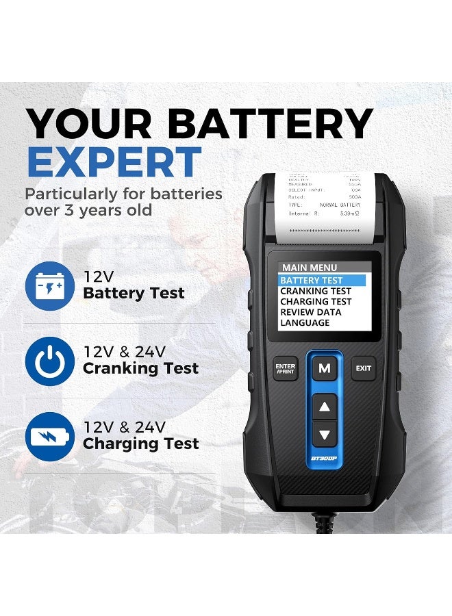 Topdon Car Battery Tester 12V 24V 100-2000CCA Lead-Acid Battery, TOPDON BT300P Alternator Tester, Load Tester, with Built-in Printer, Spark Free Metal Clamps, Automatic Reverse Polarity Protection - Image 2