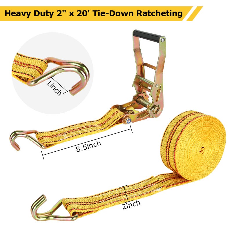 HNBun HUBun4 Pack Ratchet Tie Down Straps, 2" x 20 Feet, 8,000 lbs Break Strength, Heavy Duty Cargo Lashing Straps with Double J Hooks for Trucks, Trailers, and Moving - Image 2