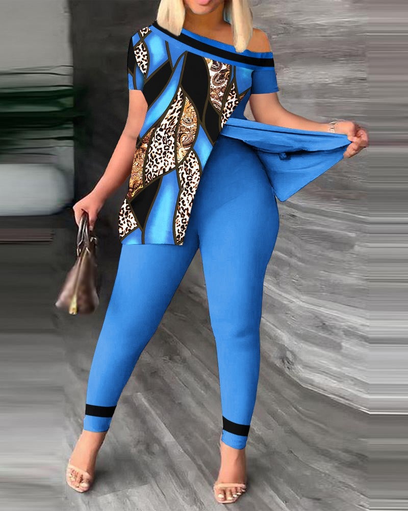 2026 Autumn European and American Women's Fashion Two-Piece Set with Slanted Neckline and Printed Pants
