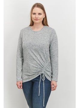 INC Women Round Neck Long Sleeve Textured Blouse, Grey  - Image 1