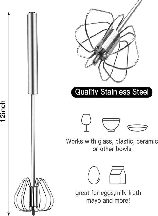INKIES Kitchen Manual Egg Beater Whisk - Stainless Steel Semi-Automatic & Stirring Rotating Rotary Push Whisks Mixer for Kitchen Baking/Lassi/Butter Milk Frother/Cream/Coffee (Silver, Pack of-1). - Image 2