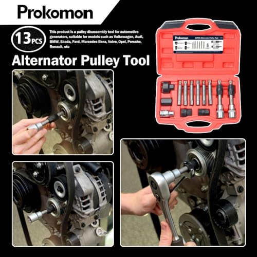 Prokomon 13 Pieces Alternator Pulley Tool Kit; Alternator Pulley Removal Tool for Car Pulley Removal Decoupling Puller - Image 3