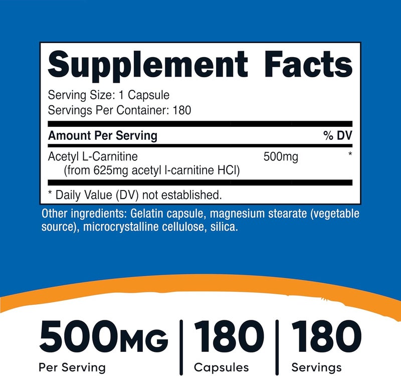 Nutricost نوتريكوست أسيتيل إل كارنيتين ALCAR 500 ملغ 180 كبسولة 180 حصة خالية من الكائنات المعدلة وراثيًا وخالية من الغلوتين 1 كبسولة لكل حصة - Image 2
