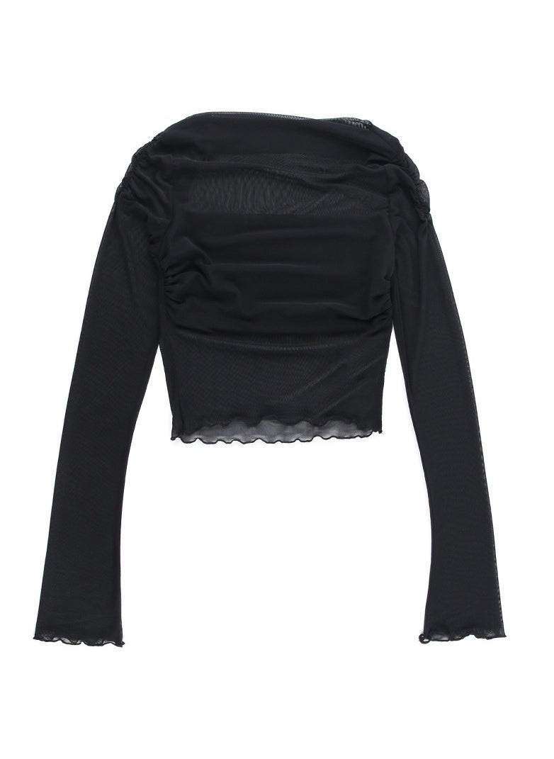 Generic Fashion Temperament A Line Shoulder Slim Mesh Long Sleeve Short top Woman  - Image 4